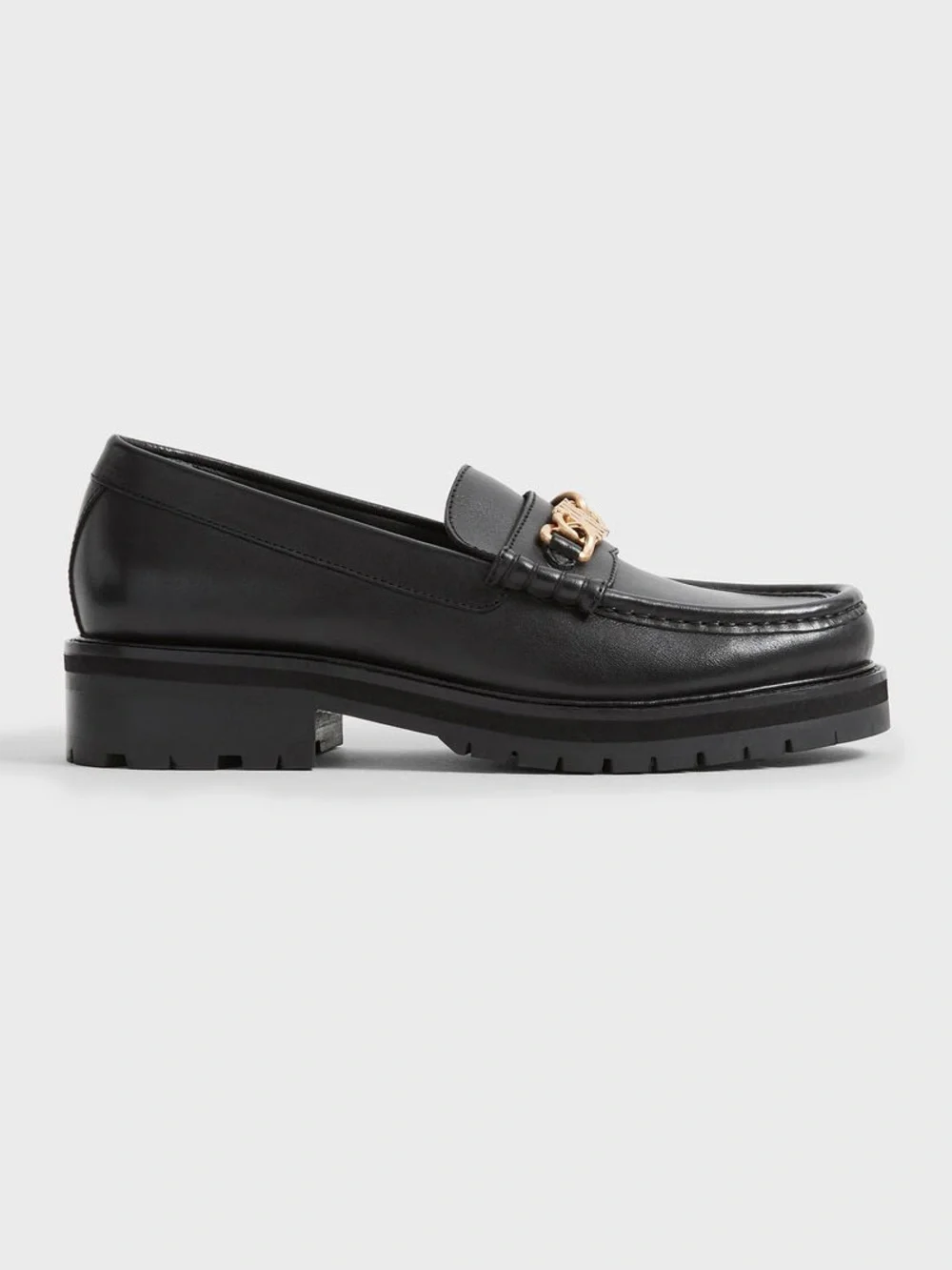 Reiss Black Leather Lug-Sole Loafers with Gold Chain Accent